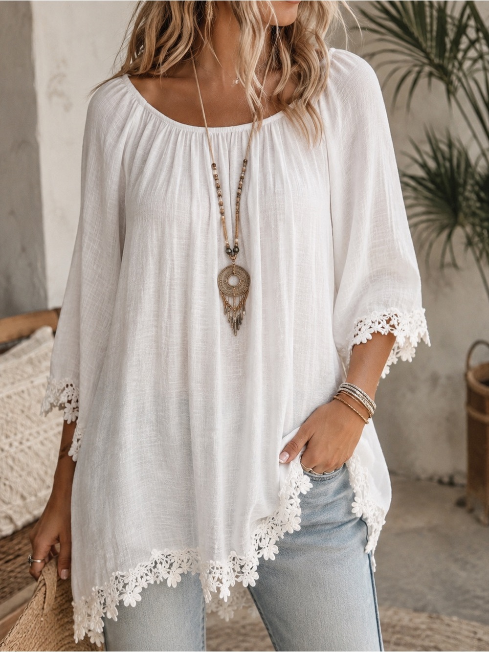 White Boho Peasant Blouse Crochet Lace Trim Asymmetrical Blouse Top Large EUC